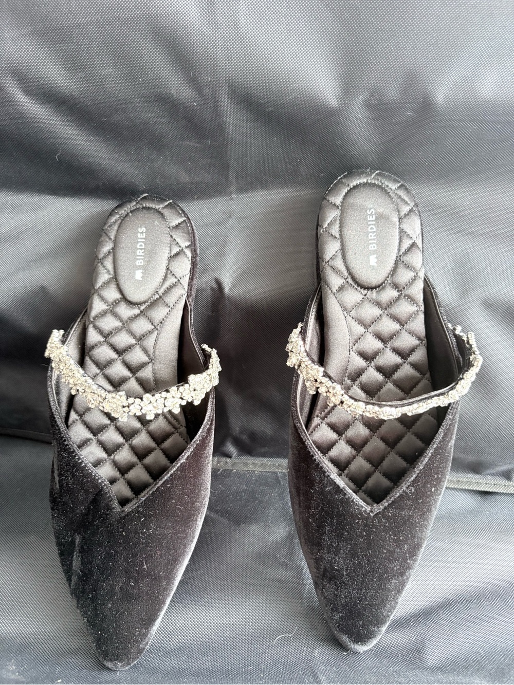Birdies Black Velvet Crystal-Trim Mules